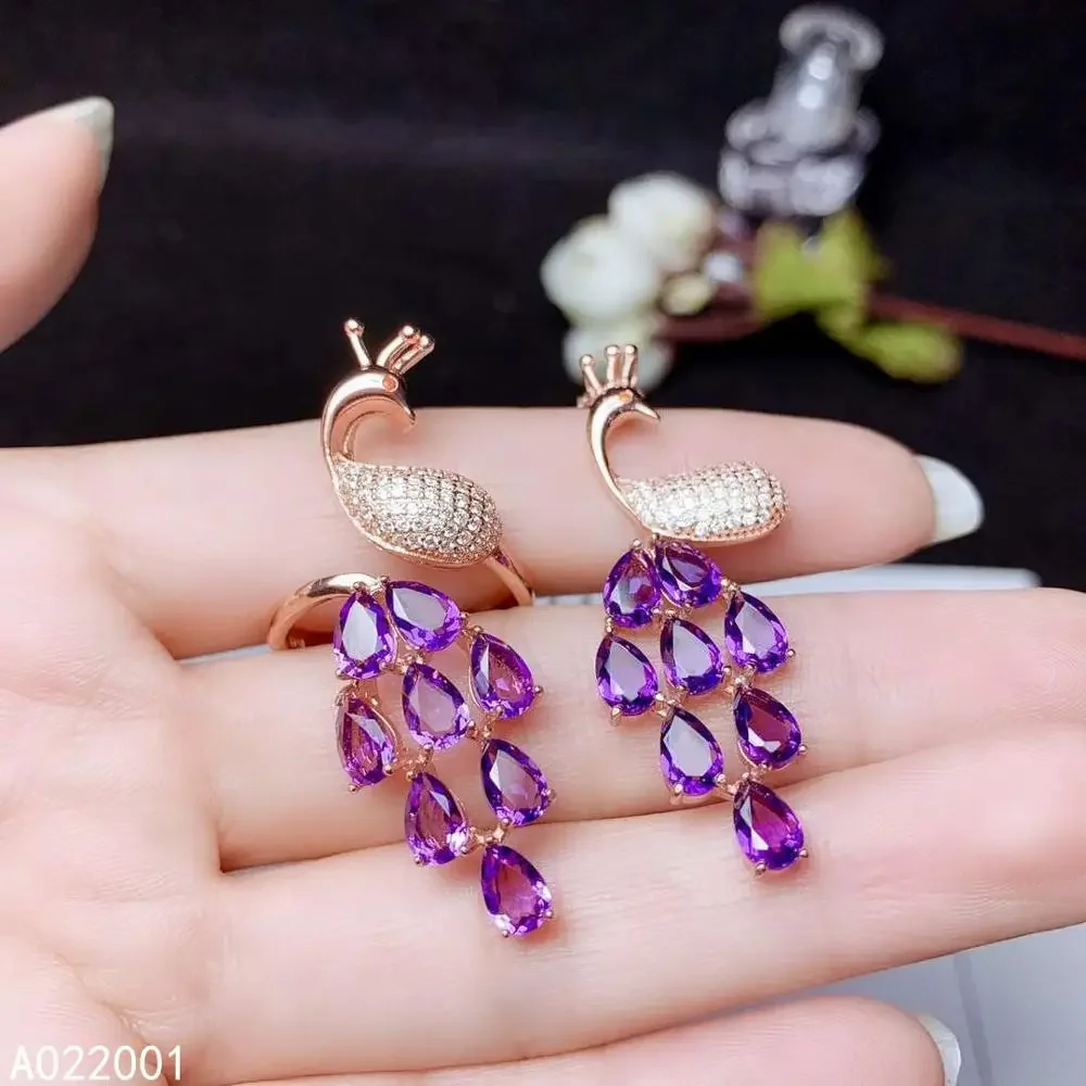 KJJEAXCMY Boutique Jewelry 925 Pure Silver Natural Amethyst Women's Phoenix Pendant Ring Set Electroplated Rose Gold Party Birth