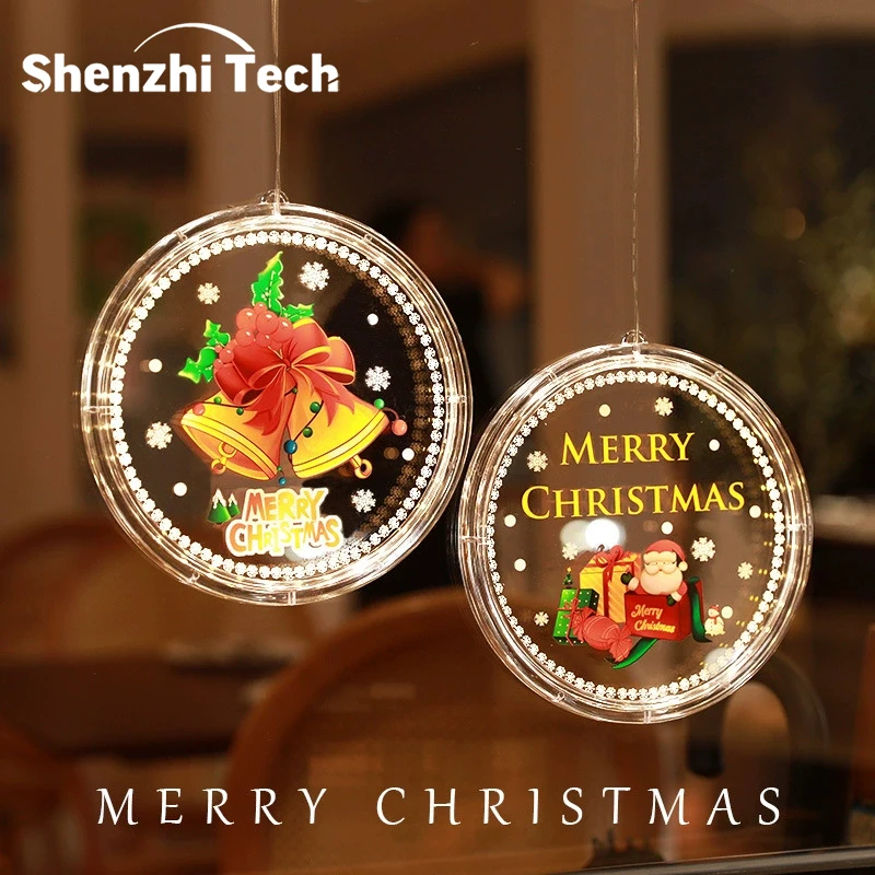 Christmas Window Hanging Lights Window Decor Lamp Santa Tree Bell Snowman Pattern Xmas Hanging Ornament Light for Holiday Party