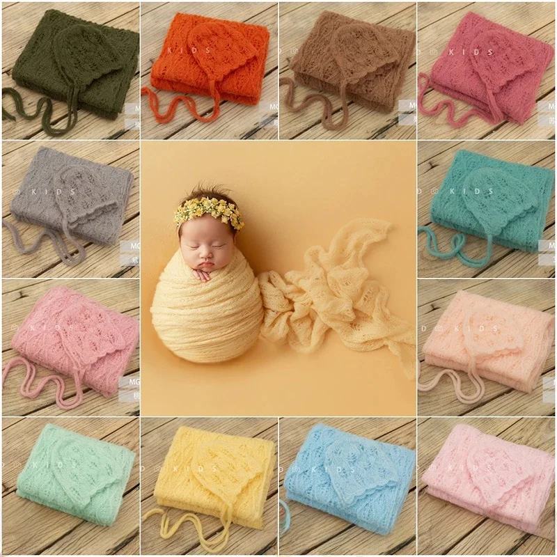 KD Newborn Photography Props Knitted Hollow Wrap + Hat Set Soft Wool Posing Background Blanket Lace Hat Studio Photo Accessories — zdjęcie 2