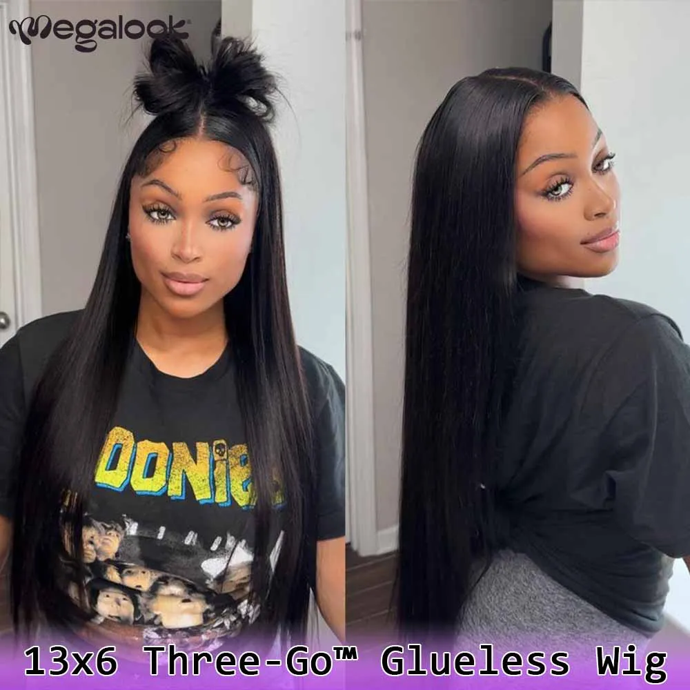 Megalook 13x6 Glueless Lace Frontal Wig Ear To Ear HD Lace Skin Melted Bye Bye Knots  Straight Human Hair Wigs with Drawstring