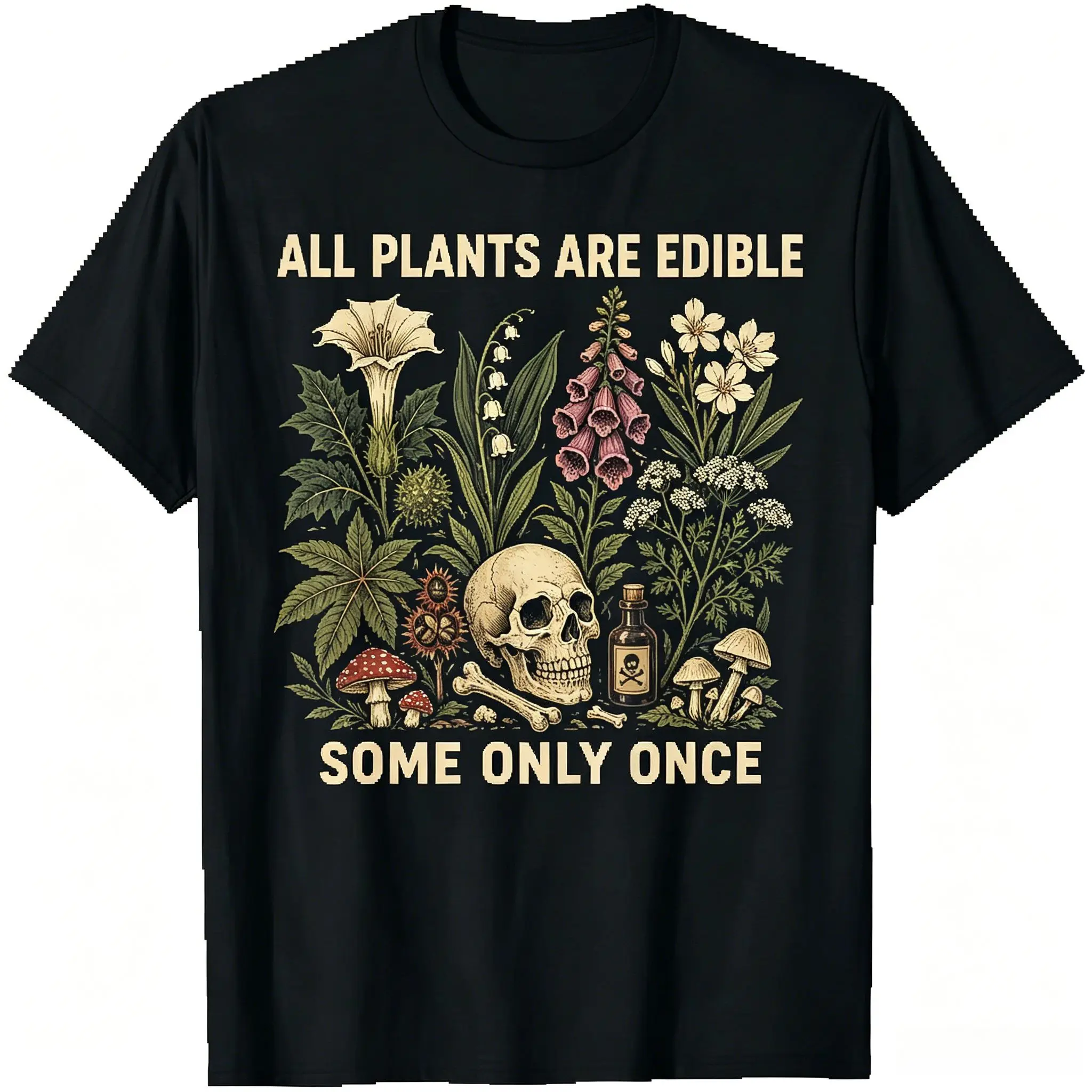 2026 Men's Black Retro Pattern T-shirt, Plant Flower Mushroom Skull Printed Men's and Women's T-shirt Fashion Street Trendy Top