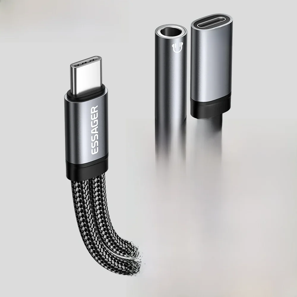ESSAGER 2 w 1 Adapter audio typu C Ładowarka PD 60W Szybkie ładowanie z kontrolą linii 3,5 mm dla iPhone'a Android Phone Tablet PC — zdjęcie produktu 7