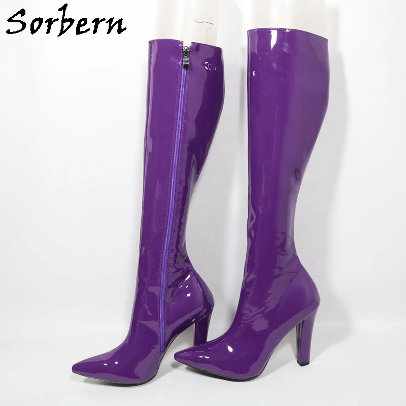 

Sorbern Фиолетовые глянцевые сапоги до колена женские индивидуальные узкие или широкие ноги с острым носком на высоком каблуке разных цветов