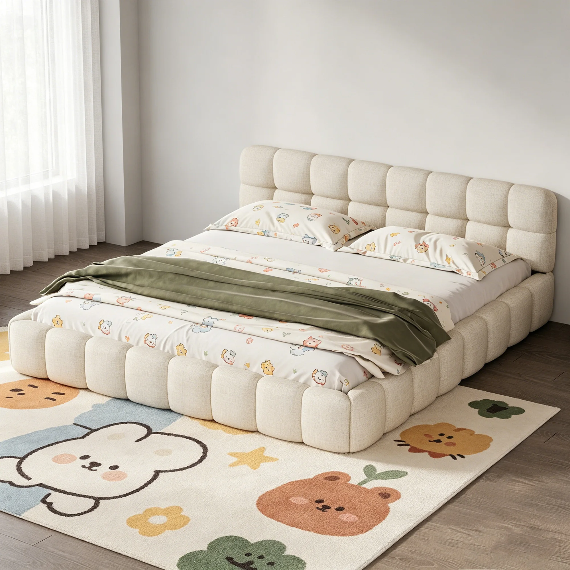 Cama Tapizada Superaly de 140x190cm con Estructura de Listones, Cama Doble, Cama Burbuja con Cabecero Acolchado, Estructura de Cama para Dormitorio, Habitación de Invitados, Material de Lino, Estilo Tatami, Beige