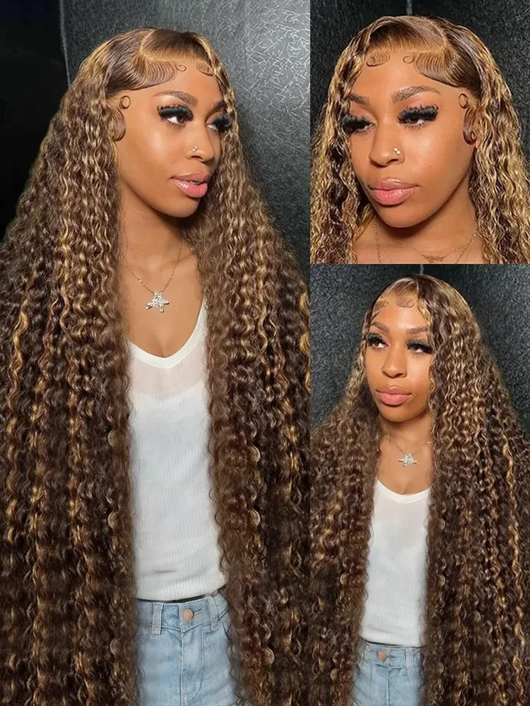 30 40 Inch Curly Highlight Wig Human Hair Honey Blonde 13x4 Lace Front Deep Wave 13x7 Hd Lace Frontal Wig Brazilian For Women