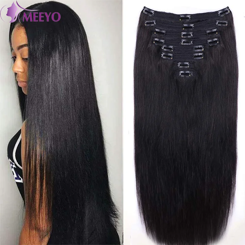 Extensiones de cabello humano con Clip recto para mujer, Color negro Natural, brasileño, 16-26 pulgadas, 120G, 8 unidades por juego