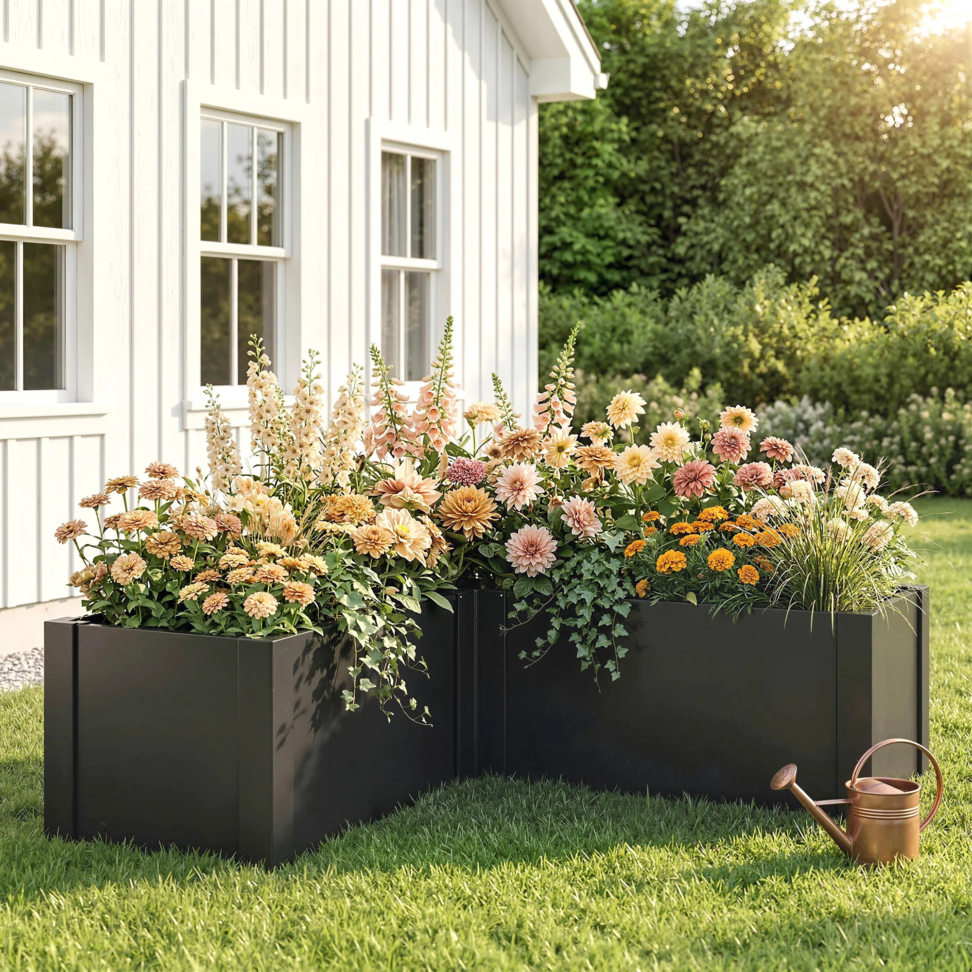 Bac à légumes surélevé en forme de L 150x150x55cm en acier galvanisé, jardinière en métal noir avec bordure de sécurité, coins renforcés, fond ouvert, pour légumes, herbes et fleurs, capacité 562L, pots de jardin, décorations de jardin, extérieur