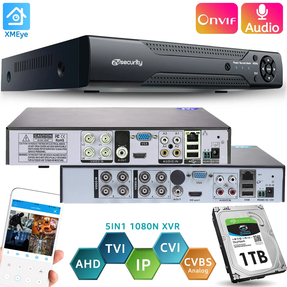 

4CH 8CH Video Surveillance DVR Onvif AHD/TVI/CVI/CVBS Hybrid Audio Video Recorder CCTV Digital Recorder NVR For 1080P IP Camera