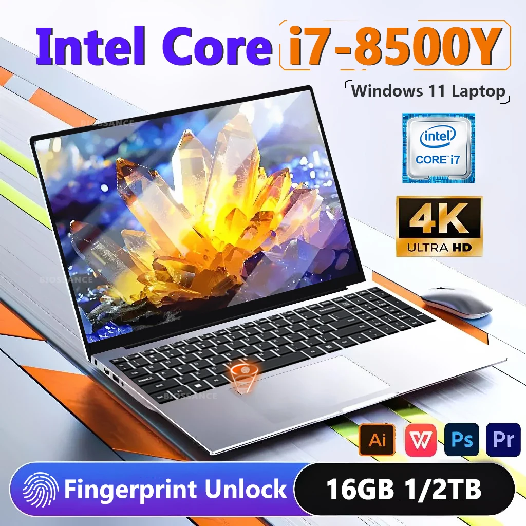 15.6 "ordinateur portable Windows 11 Intel Core i7 8500Y ordinateurs portables 16GB RAM 1 to 2 to SSD déverrouiller par empreinte digitale 4K étude ordinateur de bureau PC