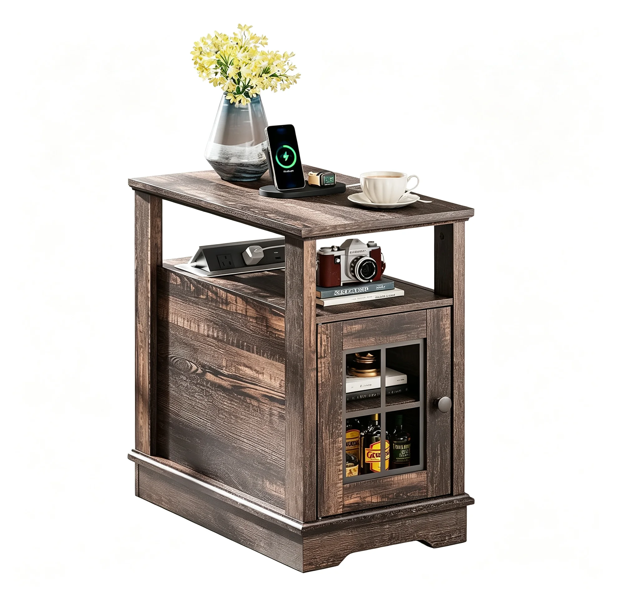 Farmhouse End Table with Charging Station, Narrow Side Table with Storage, Small Nightstand with USB Ports and Outlets ，Bedside Cabine for Bedroom, Living Room,Brown
