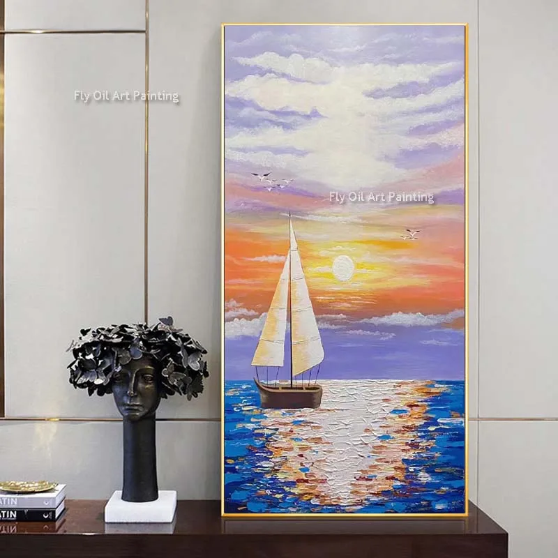 Sailboat On The Sea Oil Painting Seascape Sun Rise Cnavas Painting Hand Painted Smooth Sailing Canvas Wall Art For Home Decor