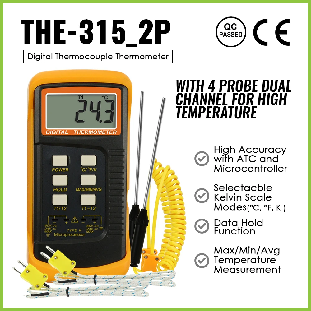 

Dual Channel Thermocouple Thermometer K Type Connector Transmitter 4 Probe Wired And Stainless Steel Temperature Detector