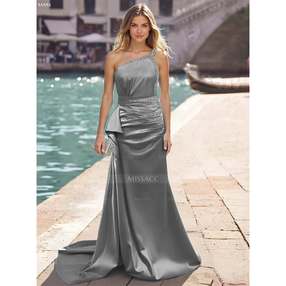 

Sansa Customized Grey One Shoulder Mermaid Tiered Ruffle Prom Dress Rhinestones Vestidos De Noche Floor-Length Formal Evening