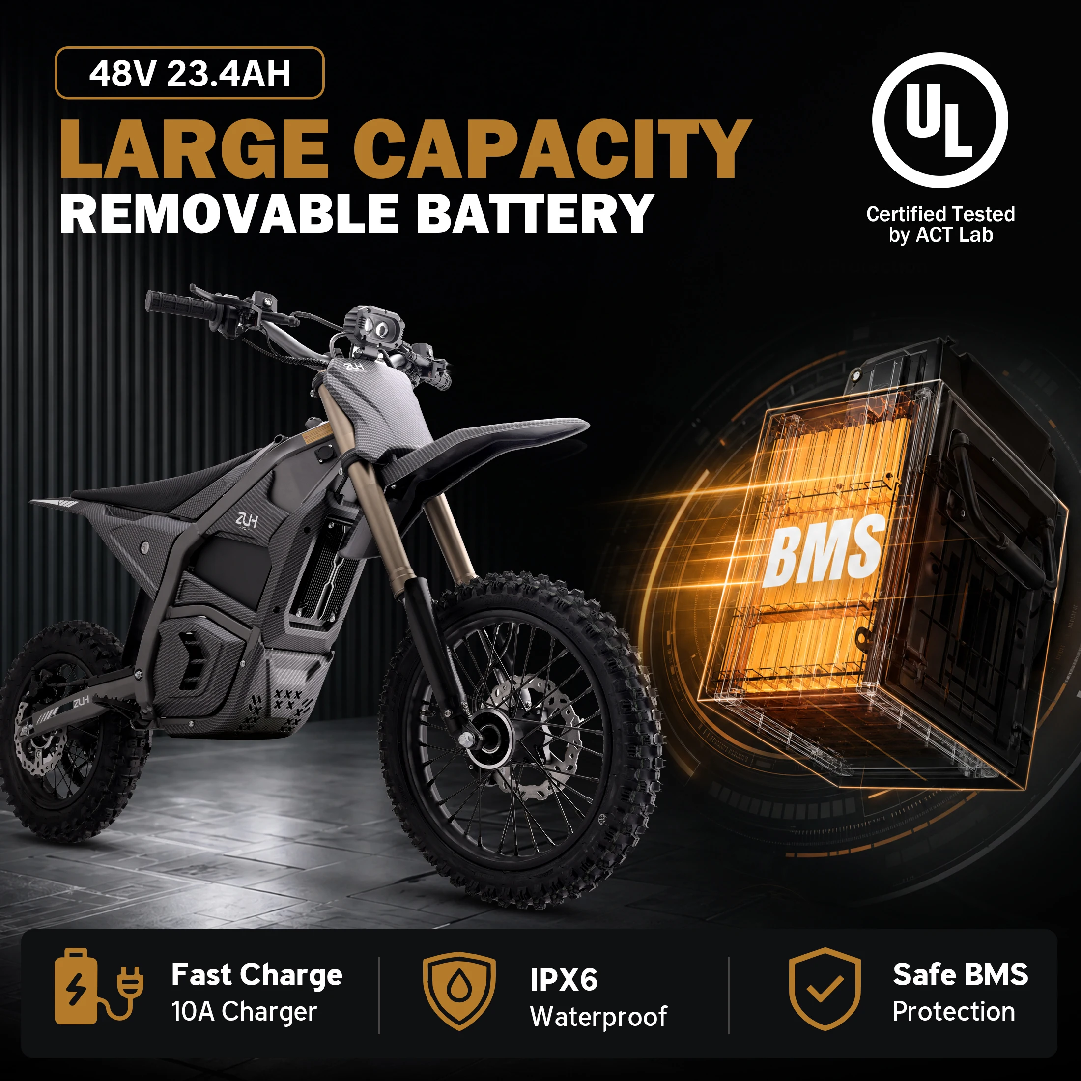 ZUH Z01 Electric Dirt Bike Motorcycle for Teens & Adults, 48V 2600W Brushless Motor, 23.4Ah Removable Lithium Battery, Max Speed 40MPH, Full Hydraulic Brakes & Suspensions, 14/12 Inch Off Road Tires