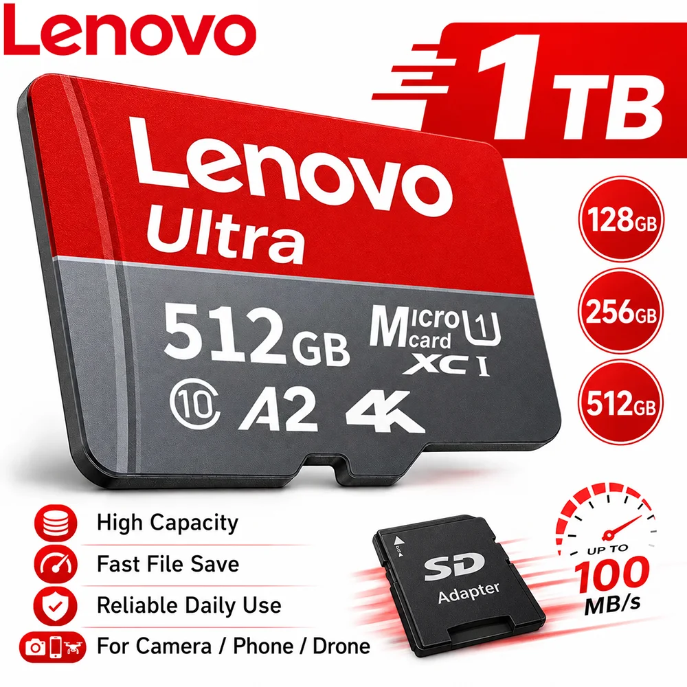 بطاقة ذاكرة فلاش Lenovo Extreme Pro Micro SD الأصلية، سعة 128 جيجابايت، 256 جيجابايت، 512 جيجابايت، فئة A2، UHS-I، V30، فئة 10، مصممة لتسجيل فيديو بدقة 4K. ﻿