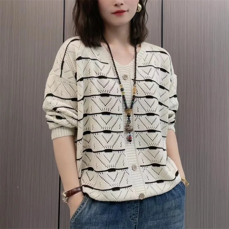 

Spring Female Loose Fitting Jumper Sweater Ladies V-neck Hollow Out Knitting Tops 2024 Fashion Long Sleeves Pullover Knitwear