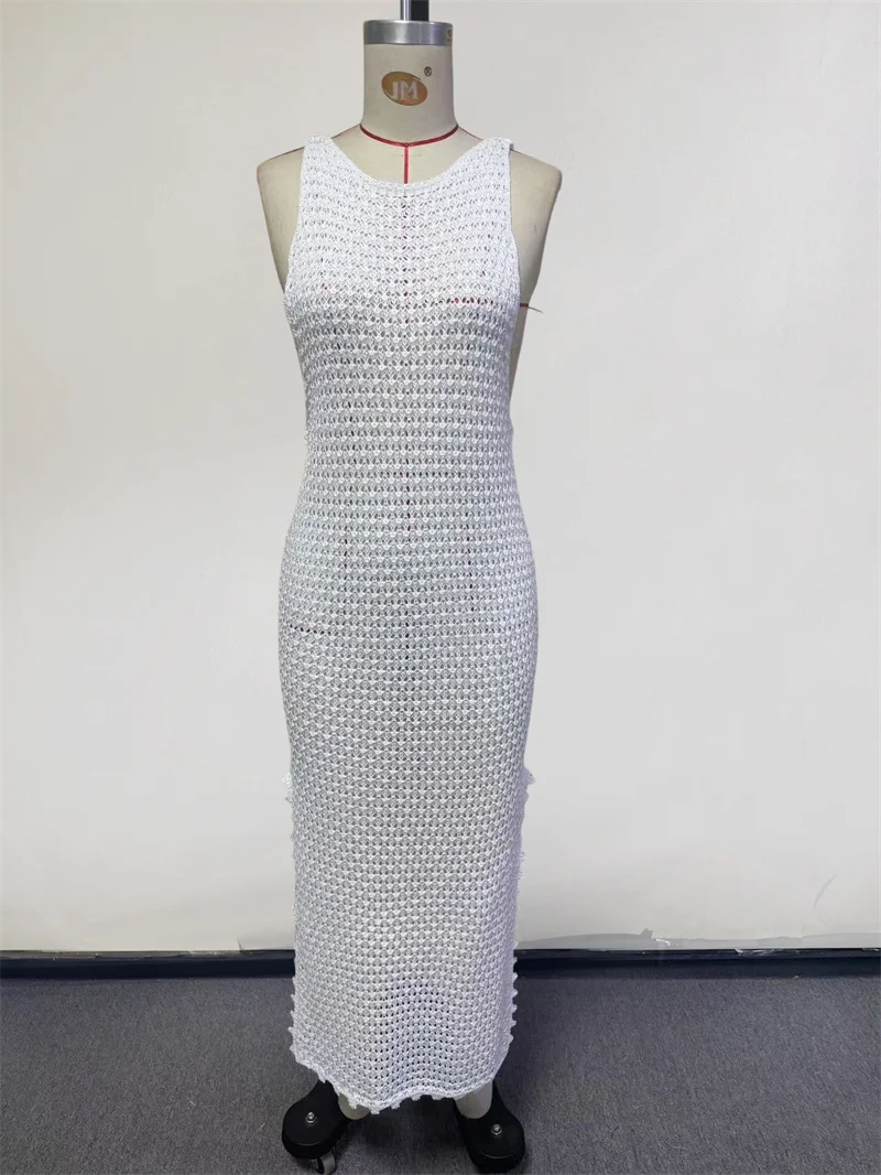 Damska przezroczysta, długa sukienka z dzianiny, bez pleców, z wycięciem, rozcięciami po bokach, szydełkowa osłona do bikini, seksowny letni strój kąpielowy, przezroczysty kostium kąpielowy