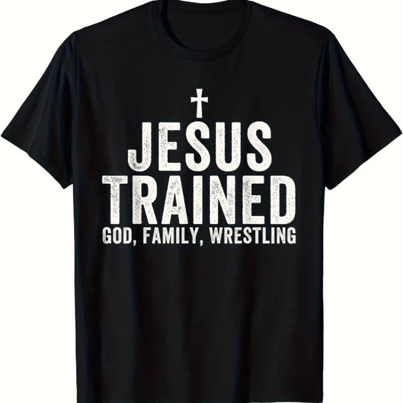 

Men's Jesus Trained Christian Wrestling T-Shirt Pure Cotton Soft Breathable Crew Neck Tee Lightweight Regular Fit Faith-Based W