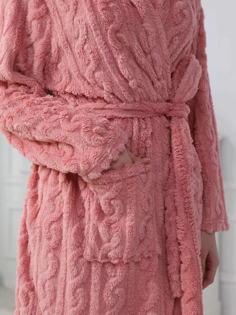 Pink Flannel Female Long Robe Lounge Wear Thicken Coral Fleece Hooded Bathrobe Gown Autumn Winter Loose Sleepwear Home Dress view 7