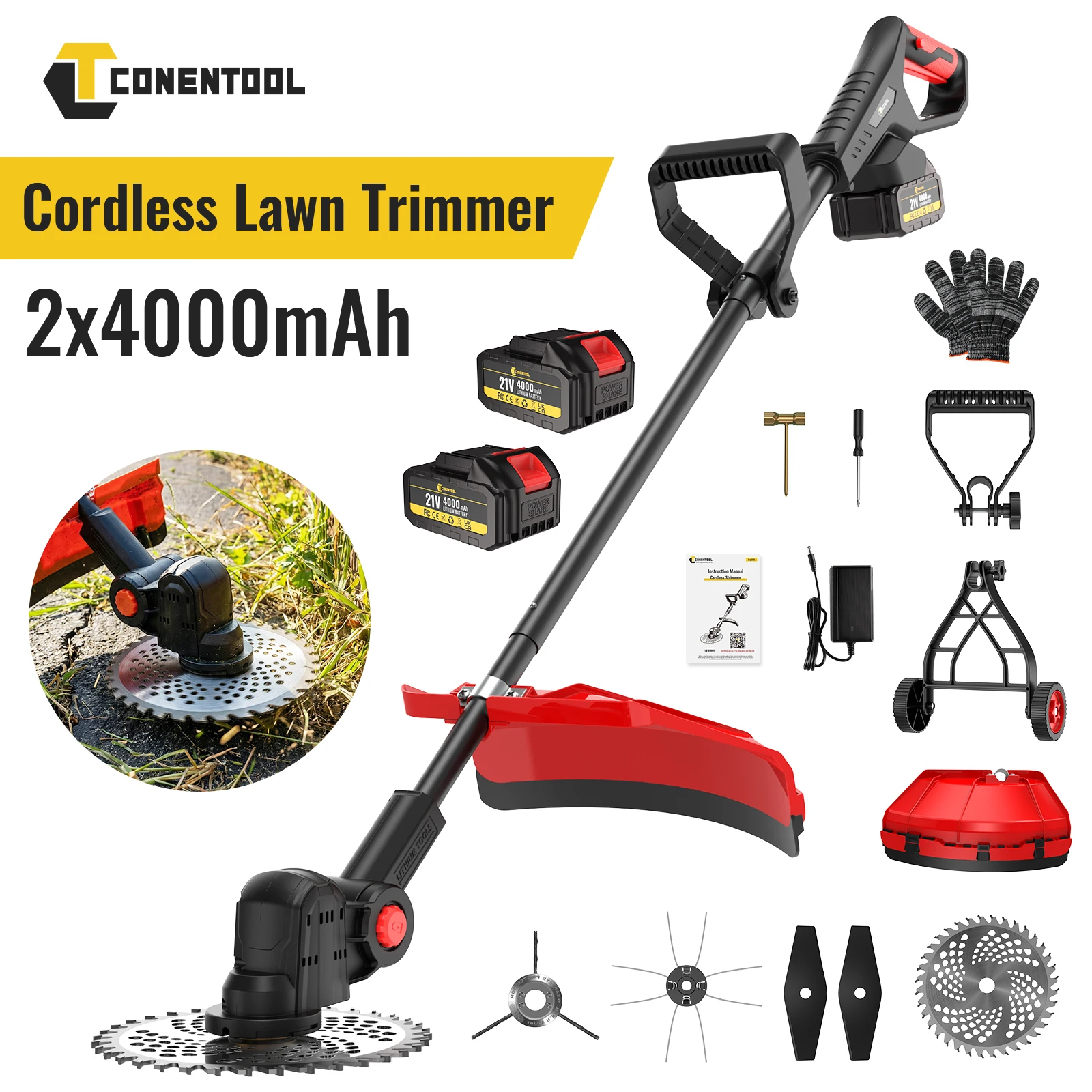 CONENTOOL Tondeuse à gazon électrique sans fil 10 pouces, débroussailleuse, outil de jardinage pour batterie Makita 18V