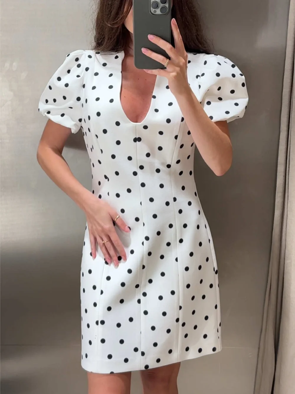 Women Vintage Polka Dot Puff Sleeve Mini Dress Deep V Neck A Line Short Dress French Chic Summer Beach Party Outfits