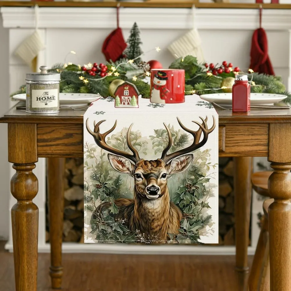 

Reindeer Elk Table Runner Snowflake Polyester Table Mat Kitchen Counter Dining Room Mat Housewarming Holiday Party Decorations