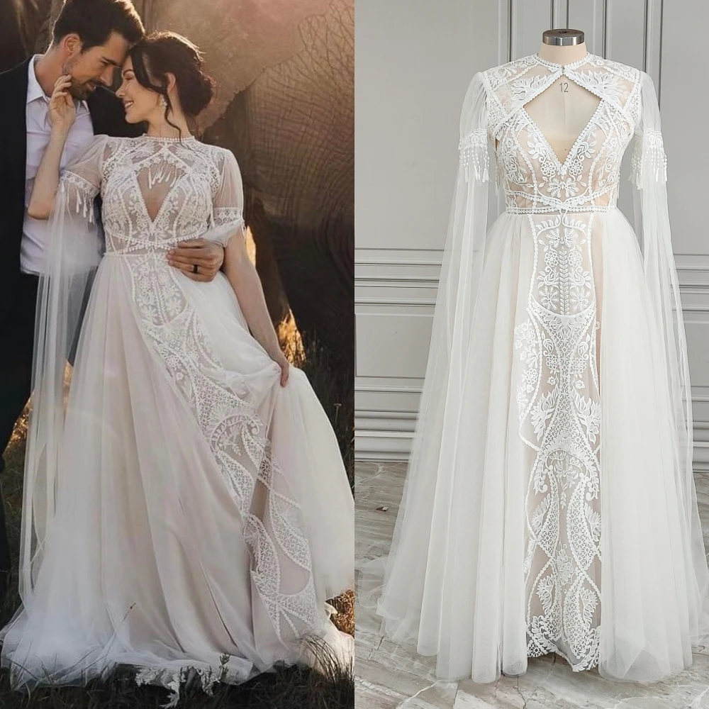 

20182# Real Photos Boho Tassel V-neck Aline Lace Wedding Dress For Bride Stunning Photography Bridal Gown With Detachable Cape