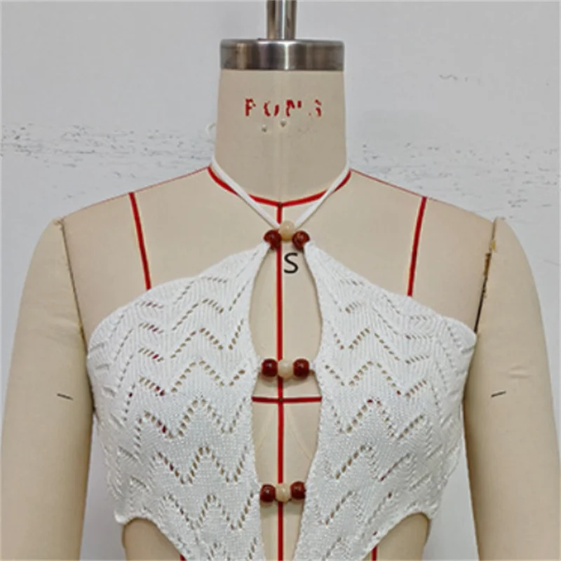 Frauen Halter-Backless Lace Up Perlen Strickkleid Strand Sheer Häkeln Bikini Cover-Up Sexy Tunika Sommer Bademode Weiblichen Badeanzug