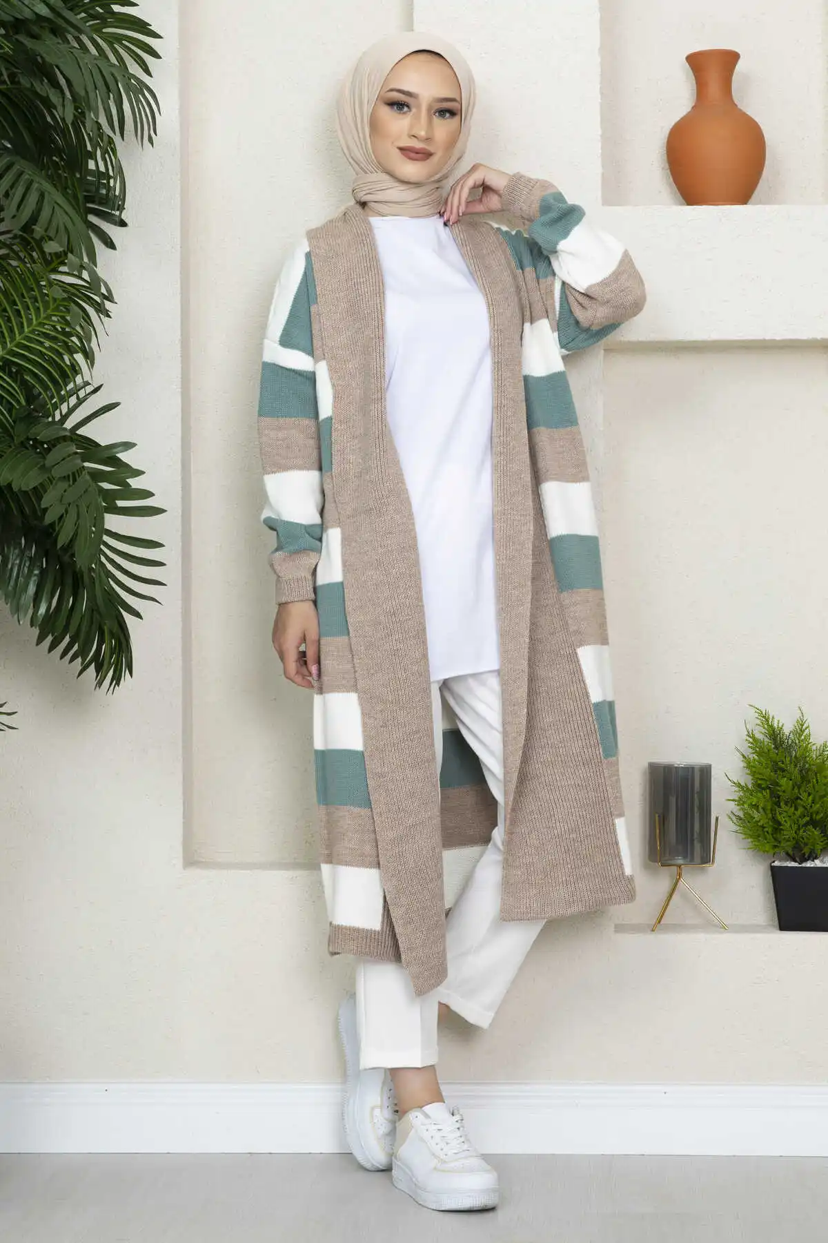 Women Clothing Thick Striped Long Knitwear Hijab Cardigan Abaya 2022 Winter Dress Sweater Knitted Jacket Sleeve Top Robe Femme