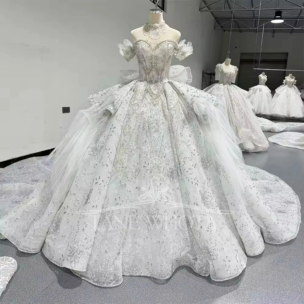 

Vestidos Elegantes Feminino с открытыми плечами, милое бальное платье с бантом и бисером, кристаллами, кружевное длинное свадебное платье с ожерельем