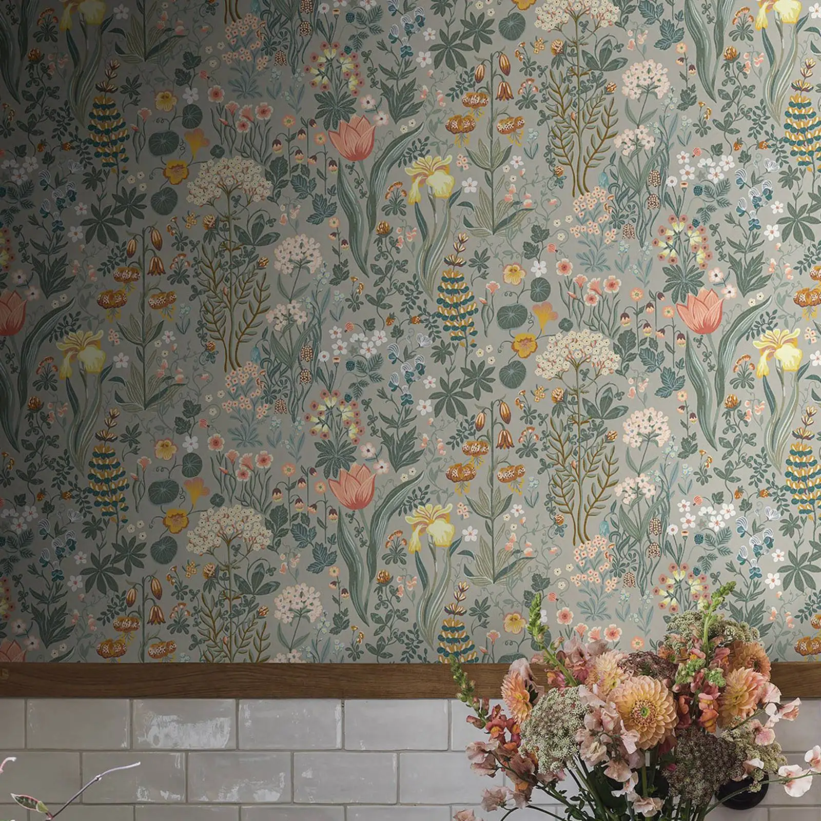 Warm and cool floral Wallpaper in mellow grey background with mixed flowers, foliage and fruit, Scandinavian Wallpaper