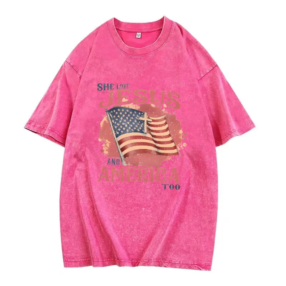 彼女はイエスとアメリカも愛しているクリスチャン Tシャツファッションカジュアルグラフィック Tシャツルーズ O ネック半袖 Tシャツ女性の Tシャツ