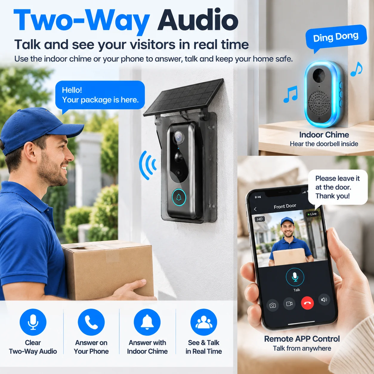 Solar Powered Tuya Smart Video Doorbell Camera Wireless Door Bell PIR Motion DetectionTwo Way Audio Night Vision