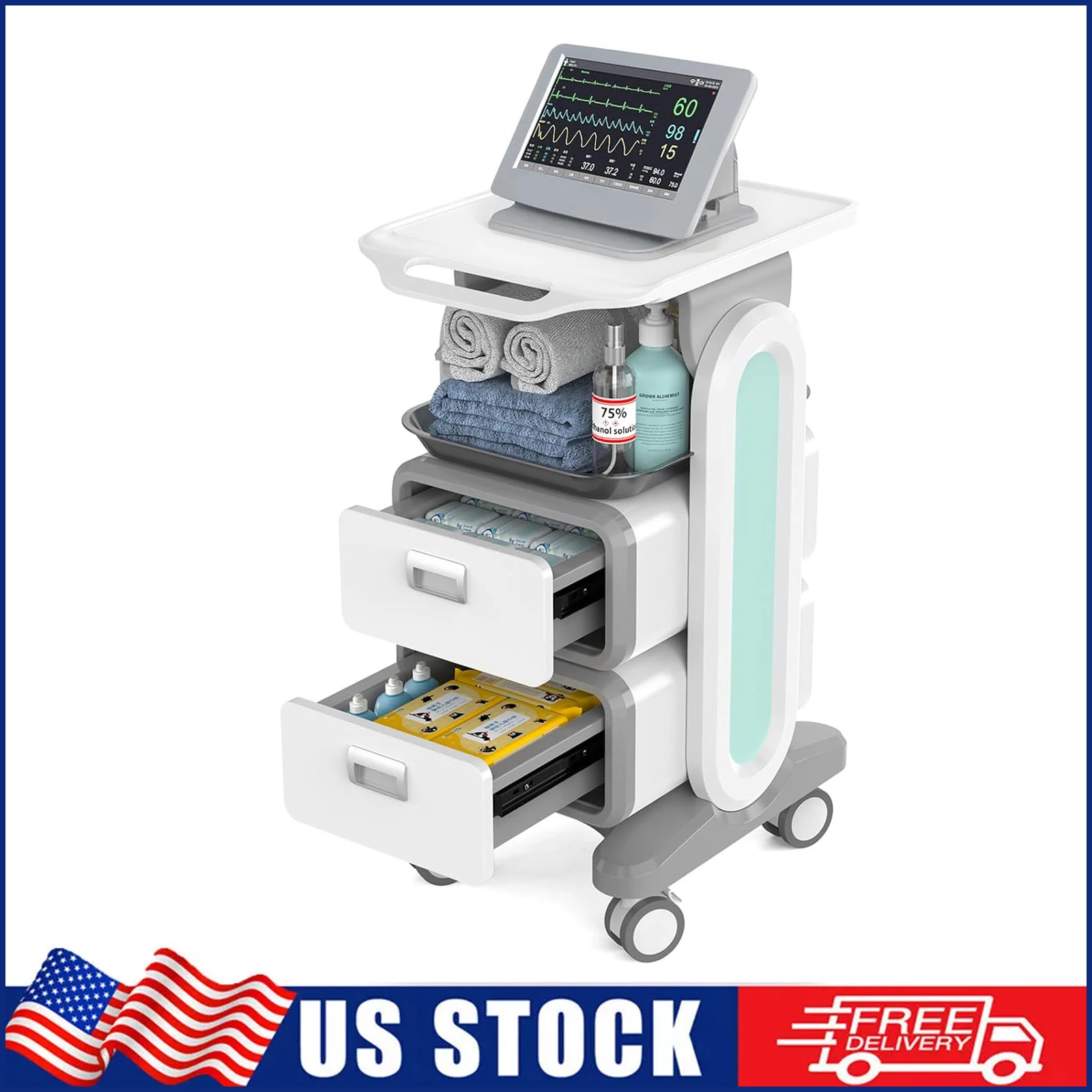 Carro médico móvil, carga de 130 libras, portátil, profesional, para escáner de imágenes por ultrasonido, vehículo, carrito de almacenamiento de belleza