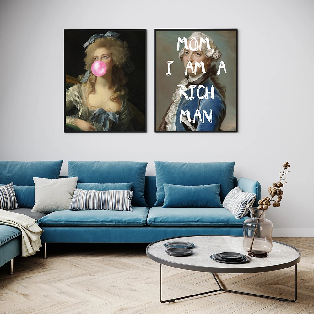 Reading With Pink Bubble Gum Posters Funny vintage Altered Art Woman Crown Portrait Antique Wall Picture Canvas Painting Decor
