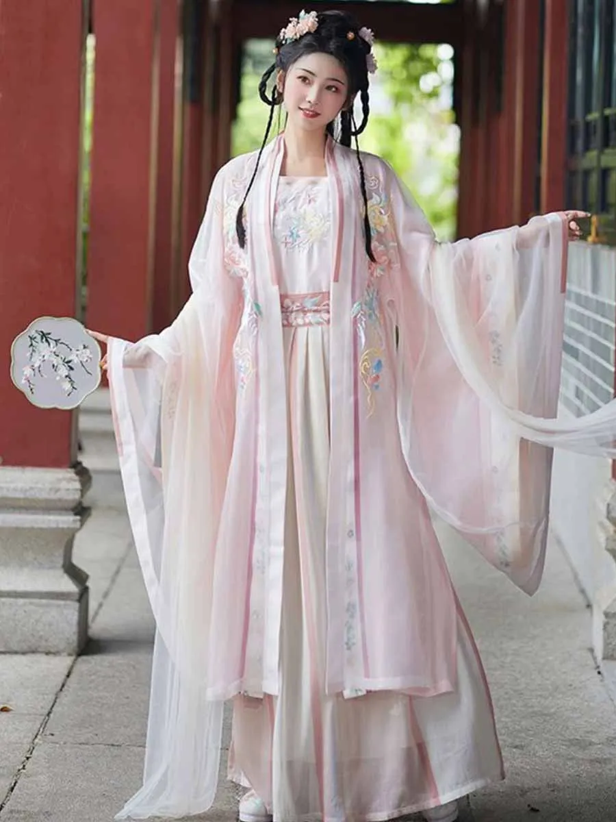 Large Size 4XL Chinese Hanfu Dress Women Carnival Halloween Fairy Cosplay Costume Ancient Hanfu Embroidery Pink&Blue 3pcs Sets