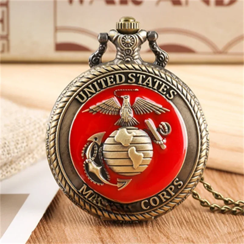 Vintage US Marine Corps tematyczny kwarcowy zegarek kieszonkowy moda czerwony naszyjnik naszyjnik pamiątkowy prezent dla dzieci szkolne — zdjęcie 2