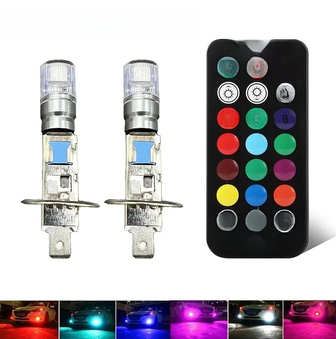 Colorful H1 H3 LED Fog Light 5050 2SMD RGB LED Headlight with Remote Control Car Acessories LED Lamp