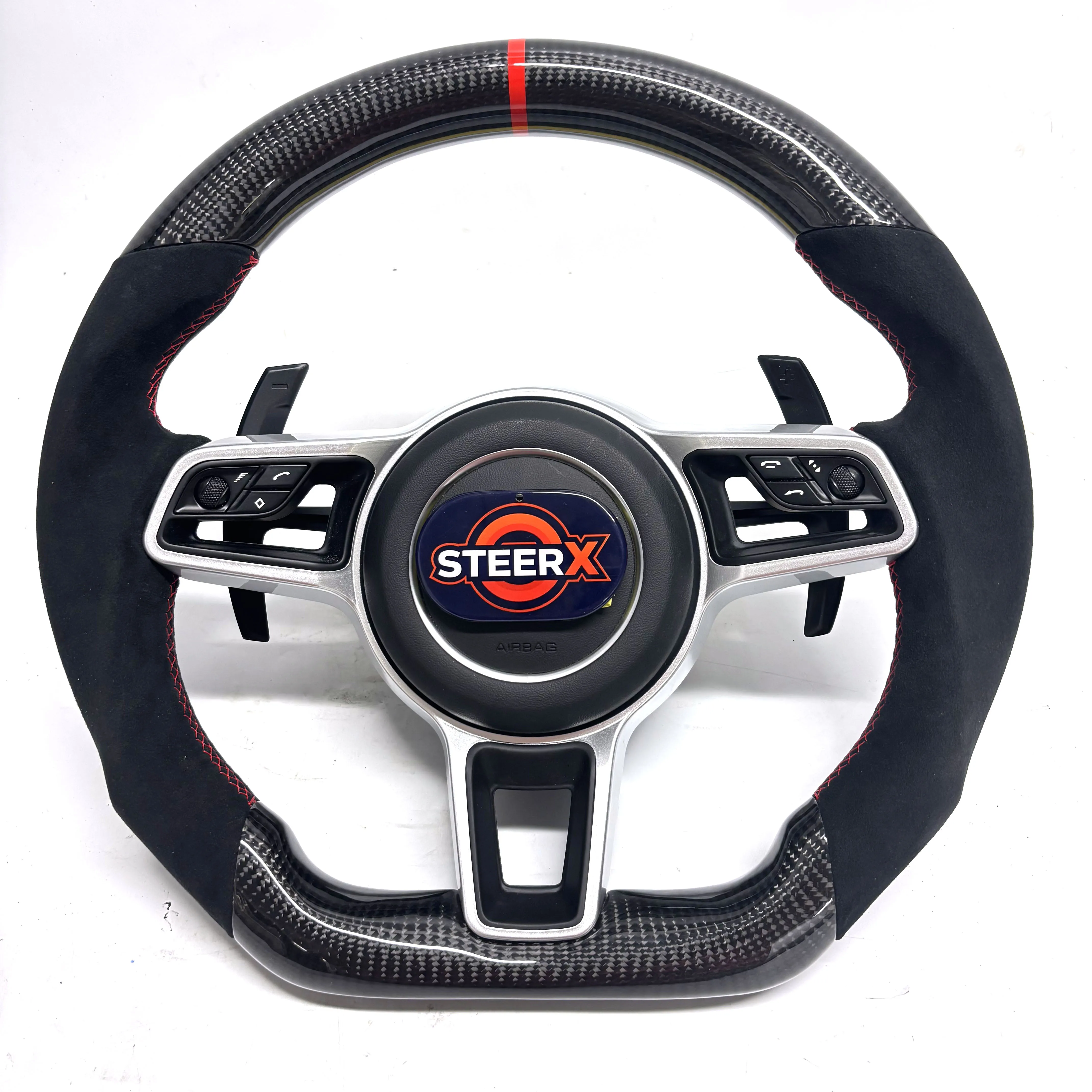 

Custom Alcantara genuine carbon fiber steering wheel for the Porsche 911, 981, GTS, Macan, Cayenne, and Panamera
