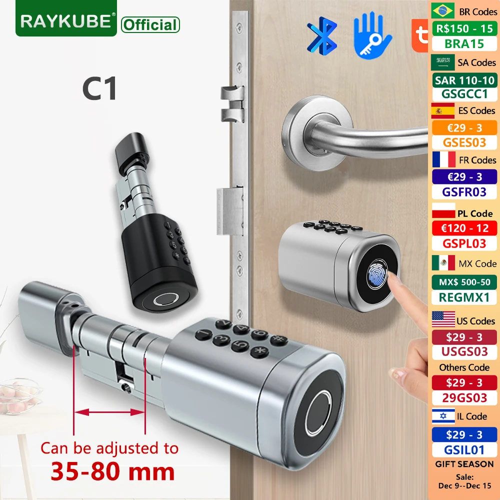 RAYKUBE C1 Tuya BLE TT Lock Smart Door Lock with 2-Ways-Adjustable Cylinder Length Fingerprint Password APP Key IC Card Unlock