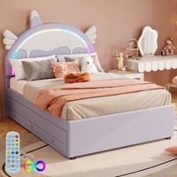 Bed child bed NIT 140x cm, Unicorn bed padded, LED, with drawer, slatted box in drink, PU, pink, without mattress