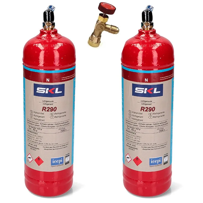 2 bottles refrigerant Gas R290 + valve 370Gr propane