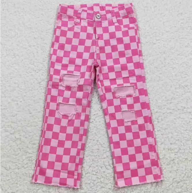 

Baby Girls Pink Bell Bottom Denim Pants Broken Holes girls Long pants jeans