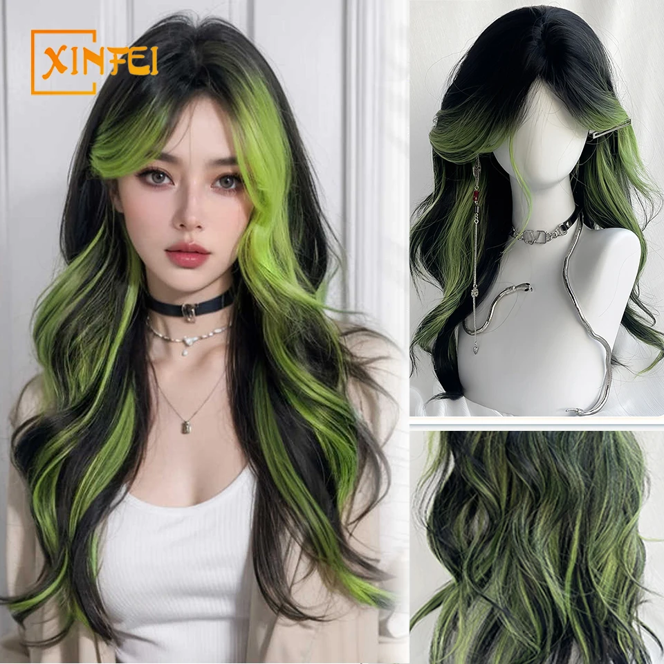 

XINFEI Long Wave Synthetic Wigs with Green Highlight Cosplay Wig with Bangs Daily Natural Hair for Women Heat Resistant Fiber