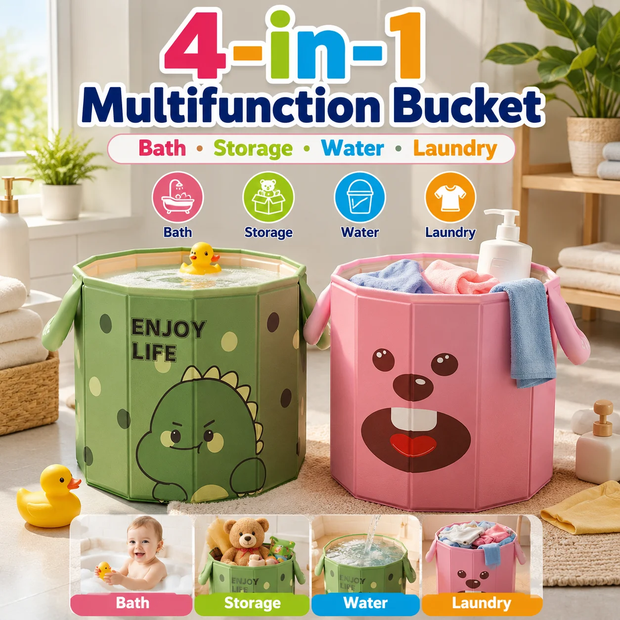 1PC Portable Collapsible Storage Bucket, Large Capacity Waterproof Laundry Hamper Foot Soaking Tub Toy Organizer with Handles