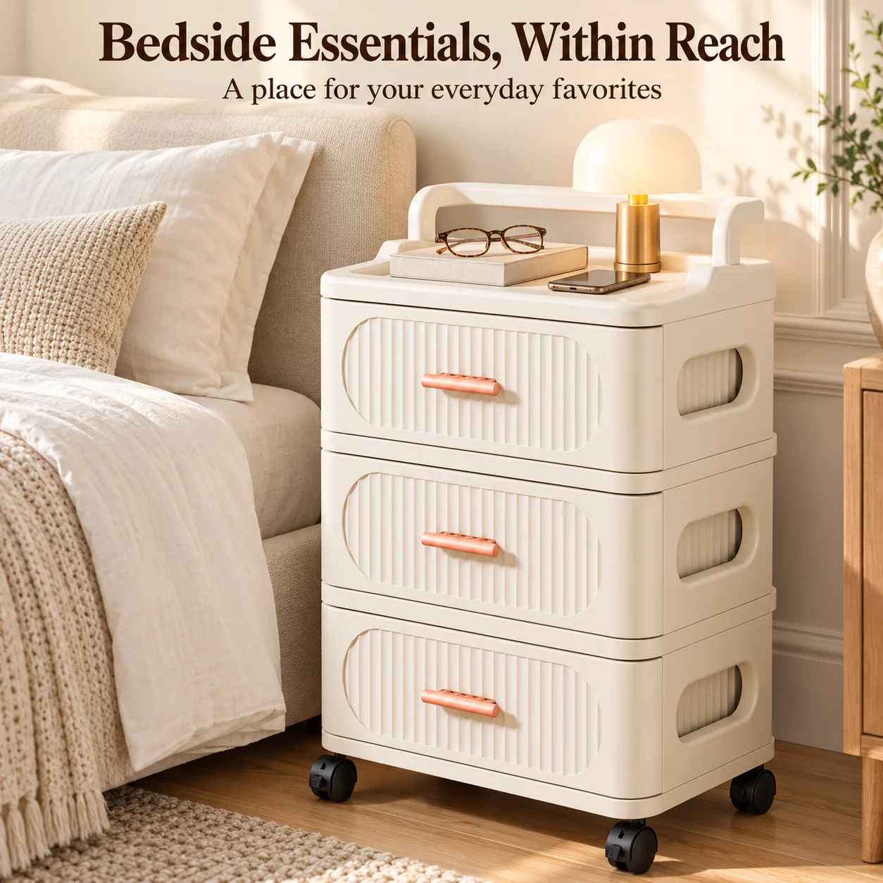 3 Drawer Nightstand with Wheels, Cream White Bedside Table, Fluted Storage Cabinet for Bedroom and Small Spaces