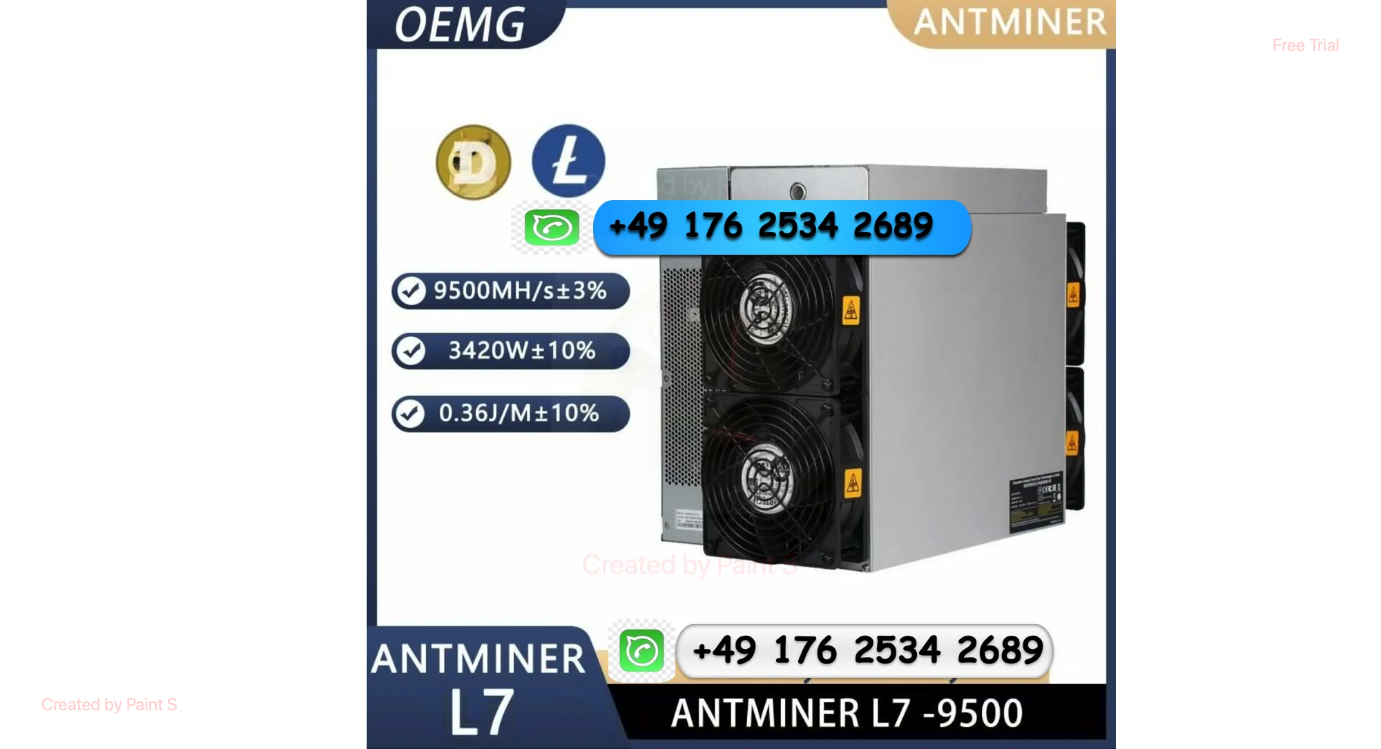 

H ! ДОСТАВКА КУПИТЬ 20 ПОЛУЧИТЕ 15 Совершенно новый Bitmain Antminer L7 9500Mh/s 3425W - майнер DOGE/Litecoin ASIC Mining Machine