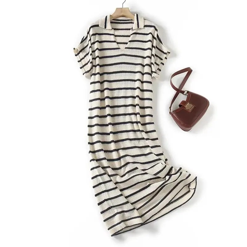 

Maxdutti French Elegant Lazy Wind Loose Dress Women Striped Midi Dress Fashion Ladies Casual Commuter Summer