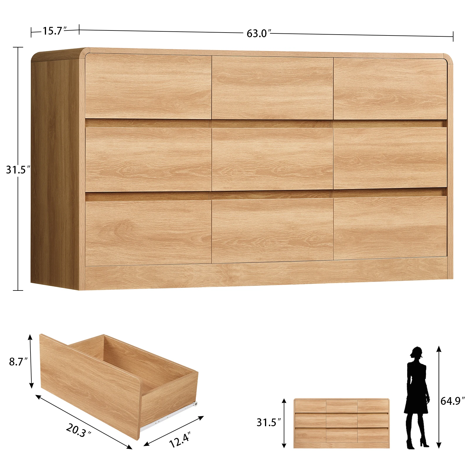9 Drawer Dresser for Bedroom, 63" Wide Dressers & Chest of Drawers with Curved Profile Design, Wood Closet Storage Dressers Orga view 5
