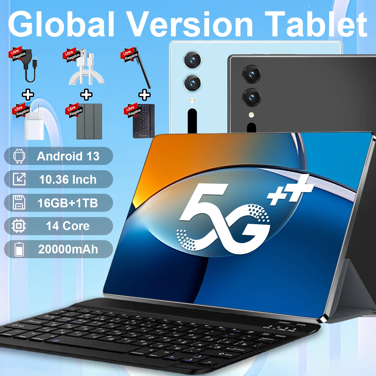 Tablette Android 13 originale 2026 de 10,36 pouces HD, 20000 mAh, 16 Go + 1 To, 14 cœurs, 5G, double SIM, Bluetooth, Wi-Fi, GPS